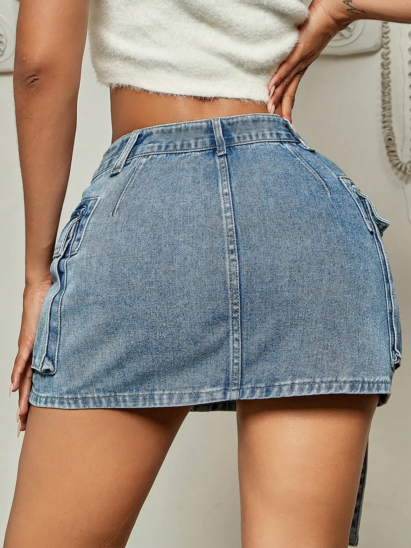 Flap Pocket Ribbon Denim Mini Skirt