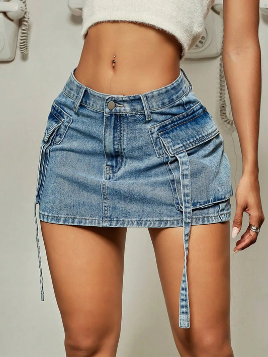 Flap Pocket Ribbon Denim Mini Skirt