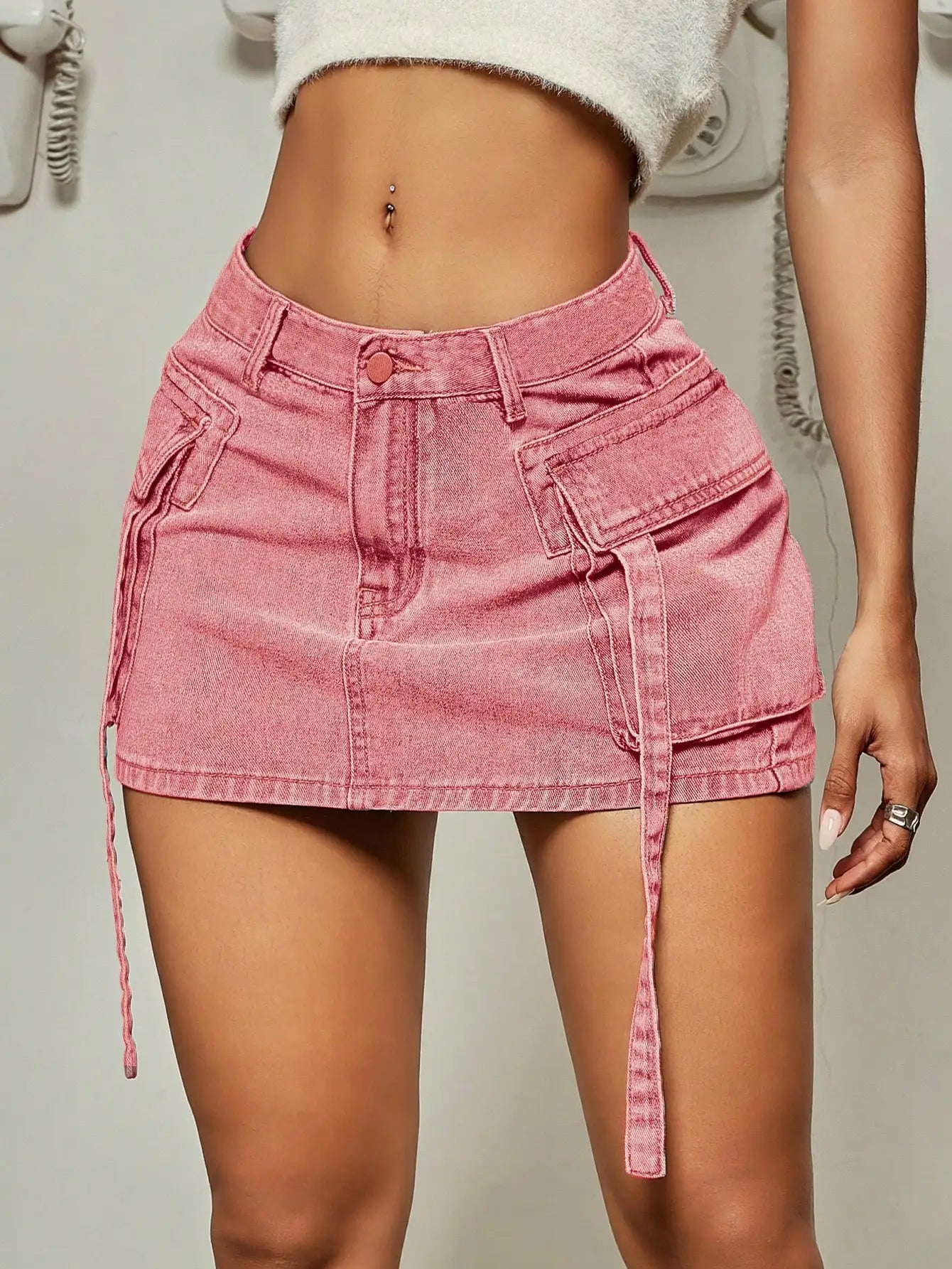 Flap Pocket Ribbon Denim Mini Skirt