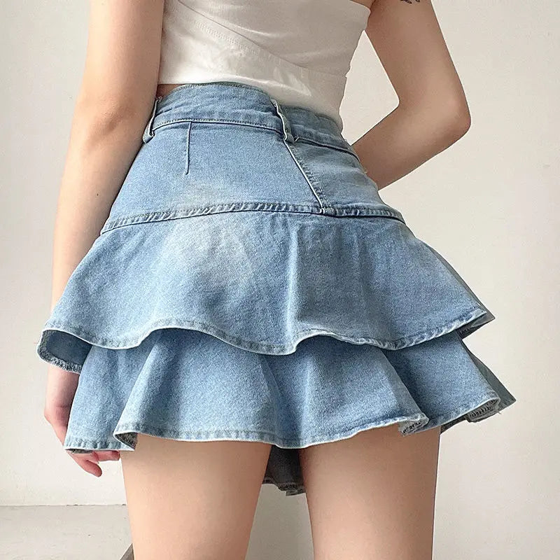 Vintage Denim Skirt Cute Mini Jean Ruffle