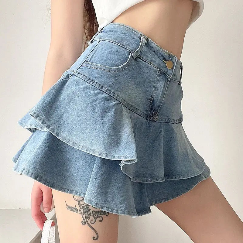 Vintage Denim Skirt Cute Mini Jean Ruffle