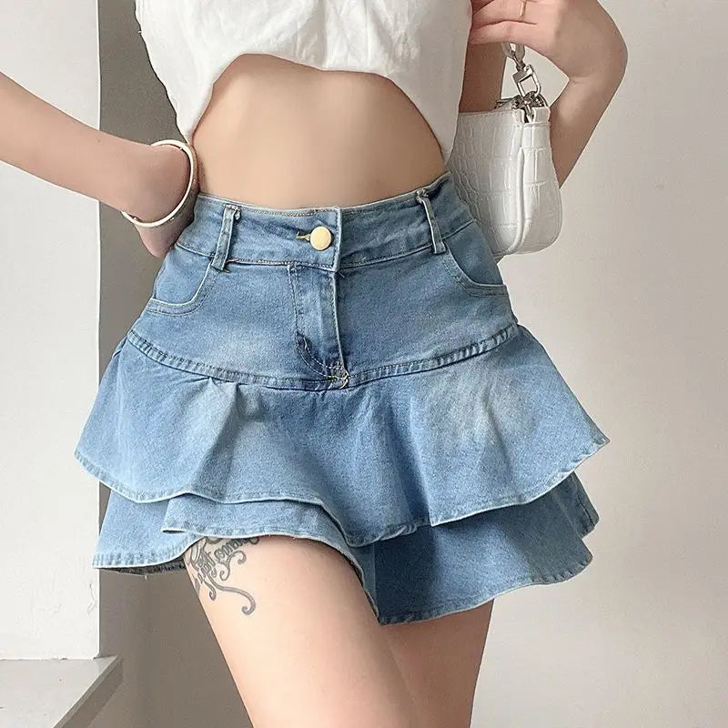 Vintage Denim Skirt Cute Mini Jean Ruffle