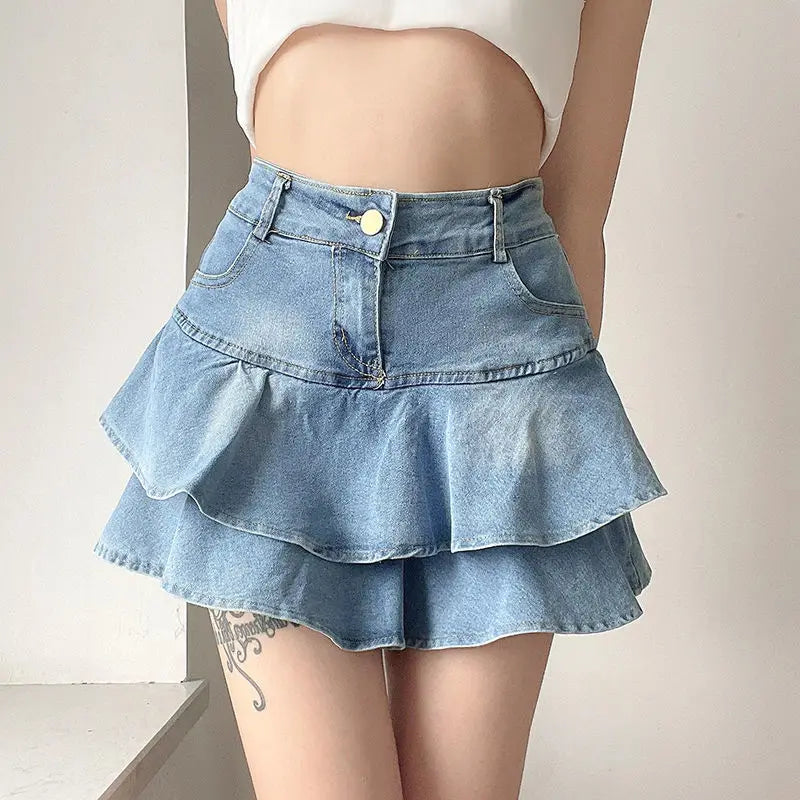 Vintage Denim Skirt Cute Mini Jean Ruffle